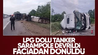 LPG dolu tanker kaza yapıp şarampole devrildi.