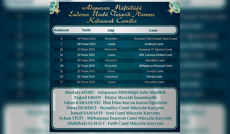 Adapazarı’nda 9 camide enderun teravih geleneği yaşatılacak