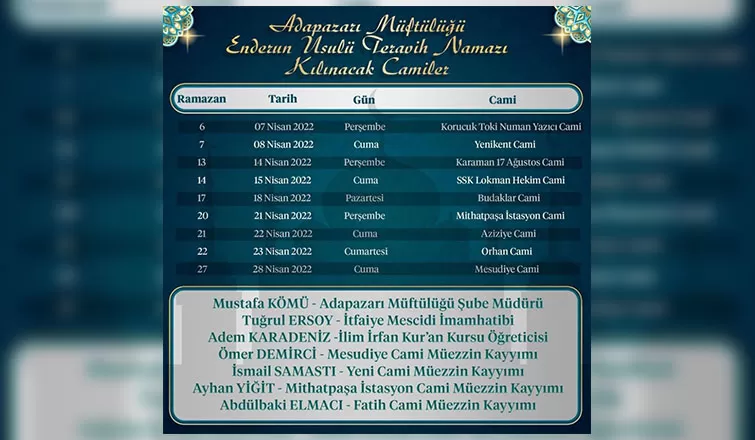 Adapazarı’nda 9 camide enderun teravih geleneği yaşatılacak