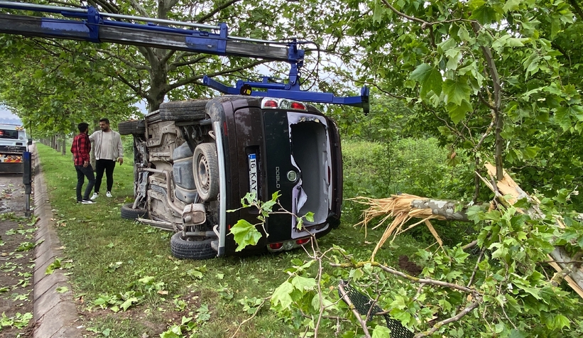 Ağaca çarpan araç yan yatarak durabildi
