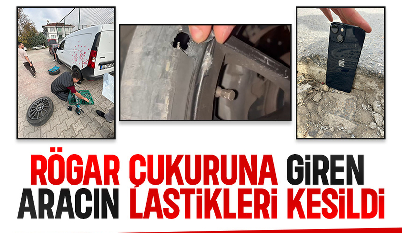 Akyazı'da rögar çukuruna giren aracın iki lastiği kesildi.
