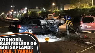 Bariyerlere ok gibi saplanan otomobilde can verdi