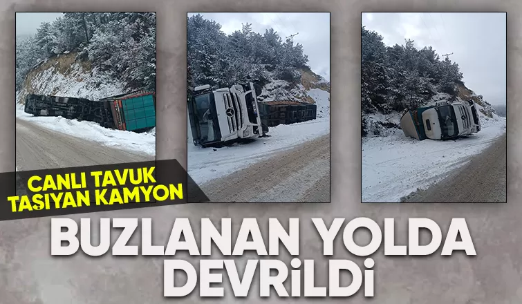 Buzlu yolda kontrolden çıkan kamyon devrildi: 1 yaralı