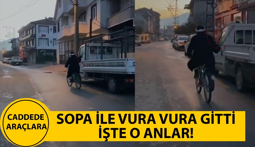 Caddede bisikleti ile araçlara vura vura böyle gitti
