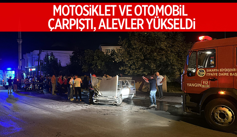 Caddede kaza; Otomobil ve motosiklet alev aldı