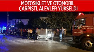 Caddede kaza; Otomobil ve motosiklet alev aldı