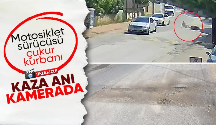 Caddedeki çukur motosikletliye kaza yaptırdı; İşte o anlar