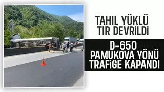 D-650'de tahıl yüklü tır devrildi