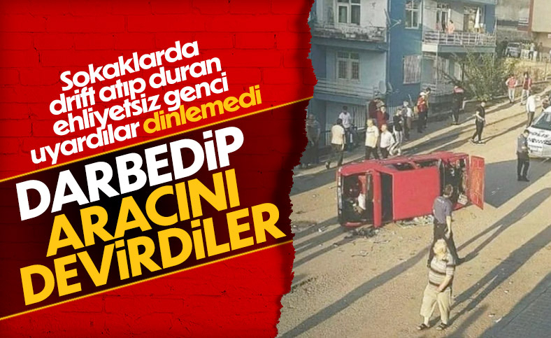 Drift yapan sürücüye kızan mahalleli, aracını devirdi