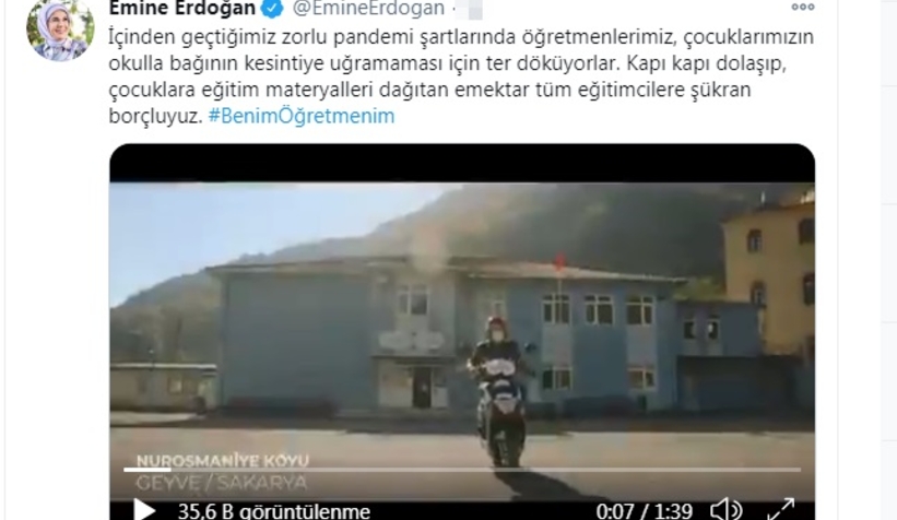 Emine Erdoğan Geyveli öğretmenin videosunu paylaştı