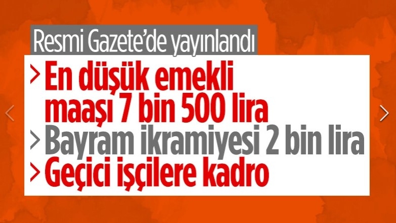 En düşük emekli maaşında artışı içeren kanun Resmi Gazete'de