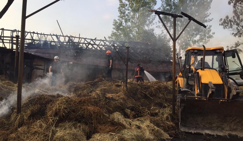 4 büyükbaş telef oldu, yüzlerce saman yandı