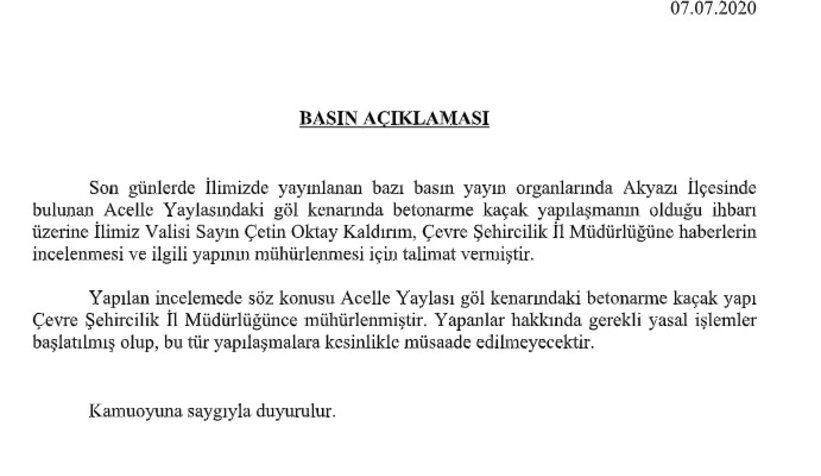 Acelle Yaylasında Başlatılan İnşaatlar Mühürlendi