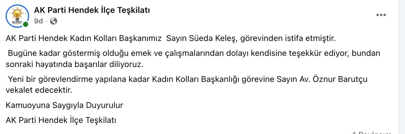 AK Parti Hendek Kadın Kolları Başkanı Süeda Keleş İstifa Etti