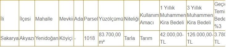 Akyazı Belediyesi 83 dönüm tarlayı 3 yıllığına kiraya veriyor