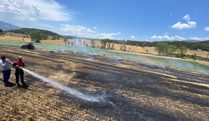 Arpa tarlası alev alev yandı