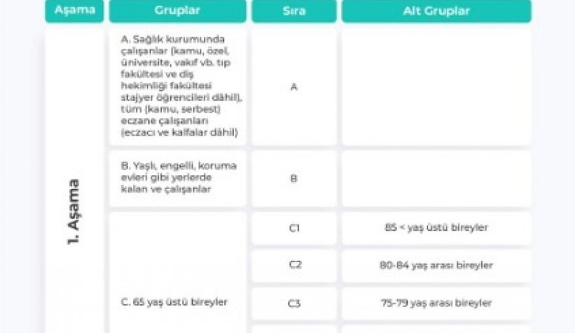 Aşı uygulamasında takip edilecek grup sıralaması belli oldu