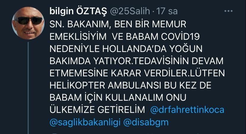 Babası için Bakan Koca'dan yardım istedi