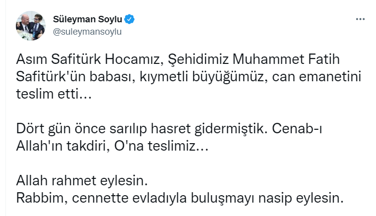 Bakan Soylu'dan Şehit Kaymakamın babası için taziye mesajı