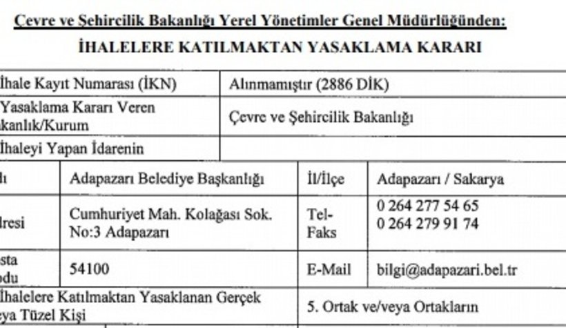 Bakanlık'tan Sakarya'da 1 firmaya ihale yasağı