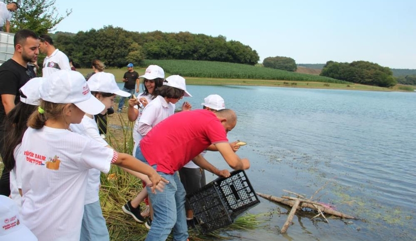 Bin sazan balığı, miniklerin elleriyle suyla buluştu