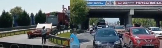 D-100'de TIR sıkıştı!