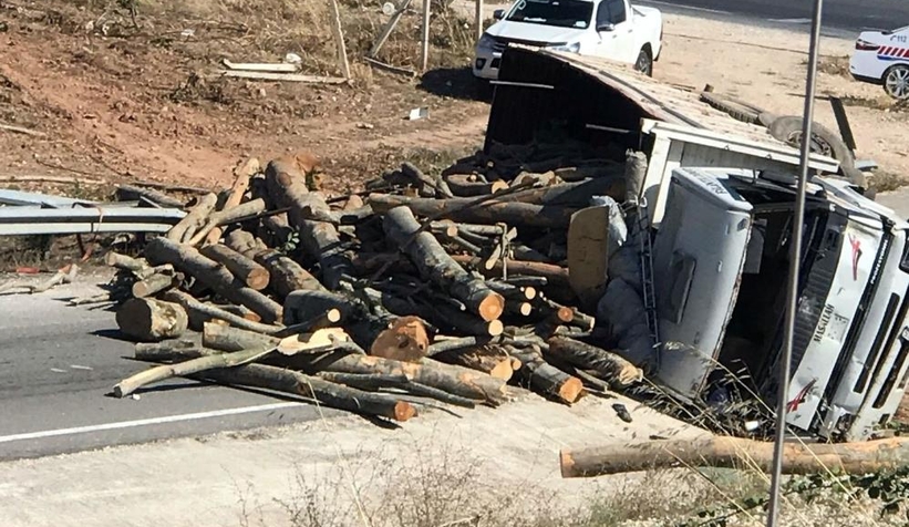 Freni boşalan tomruk yüklü kamyon devrildi