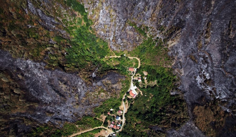 Geyve'de yanan ormanlık alan havadan görüntülendi