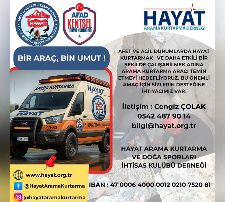 Hayat Arama Kurtarma Derneği, arama kurtarma aracı için destek bekliyor