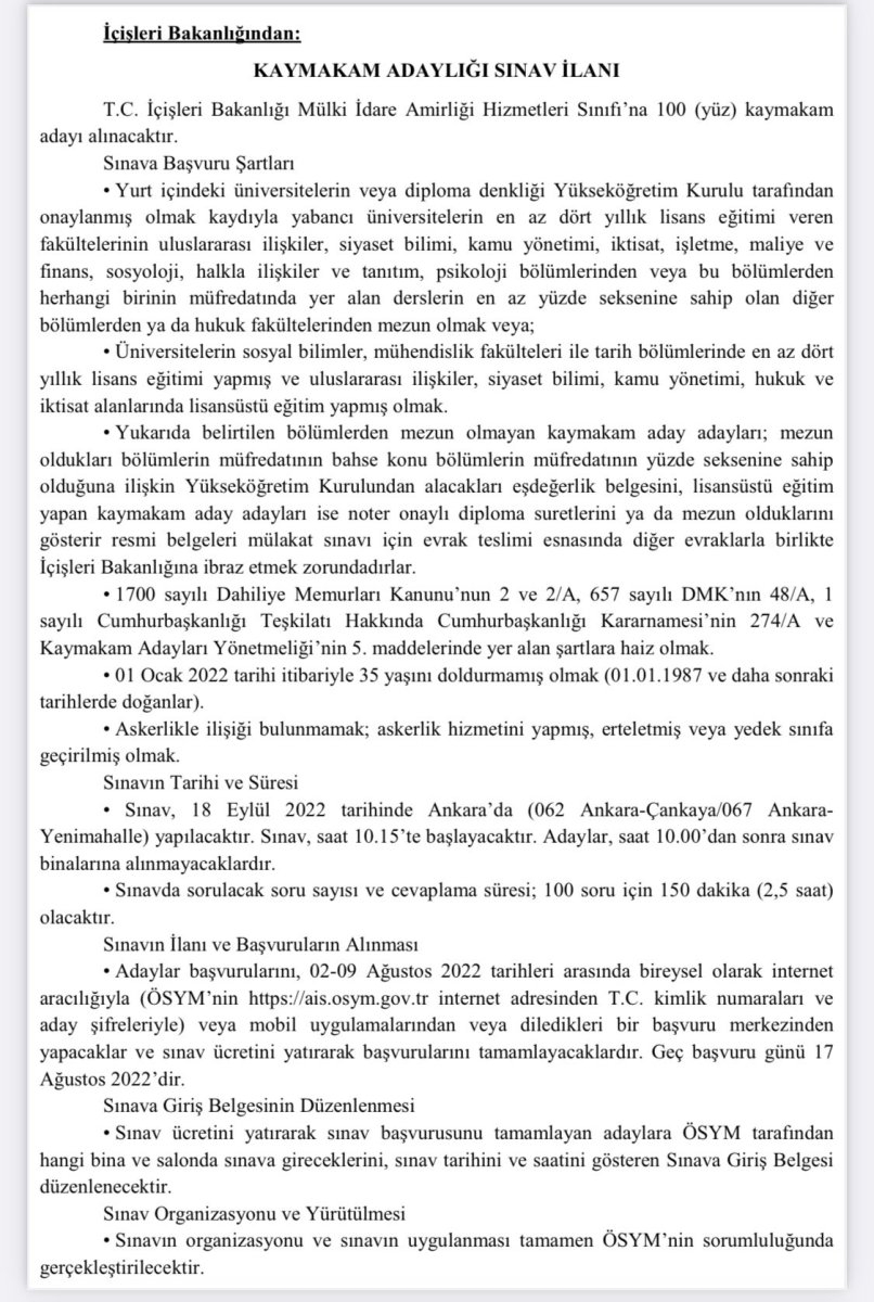 İçişleri Bakanlığı, 100 kaymakam adayı alıyor