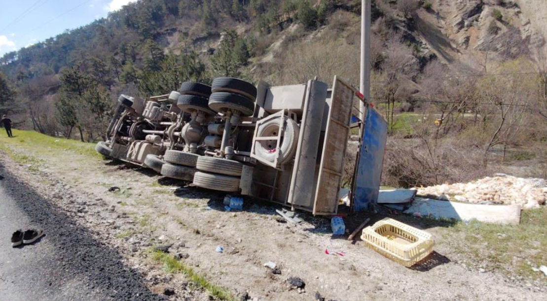 Kamyon devrildi; Tavuklar telef oldu