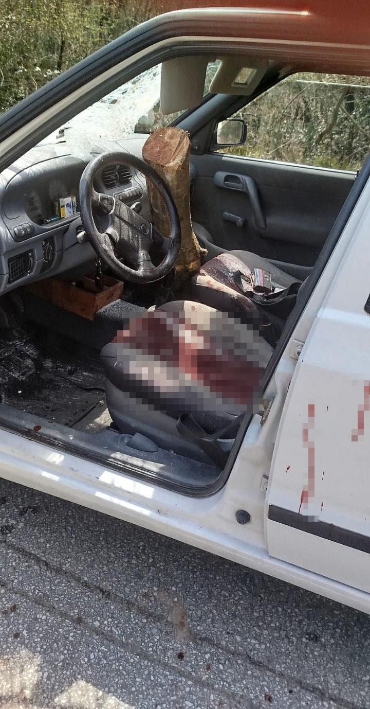 Kamyondan düşen tomruk otomobile saplandı