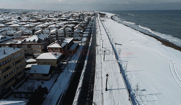 Kar ve denizin buluşması havadan görüntülendi