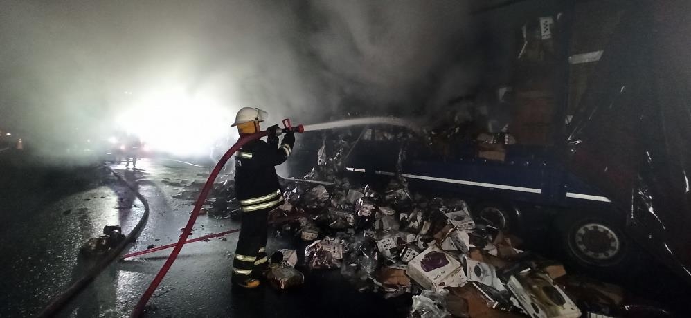 Küçük ev aletleri taşıyan tır alev alev yandı