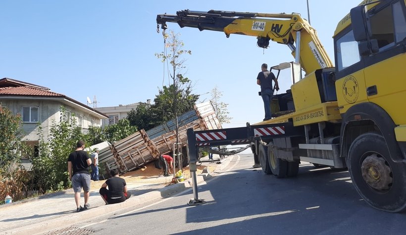 Mısır yüklü kamyon bahçeye daldı