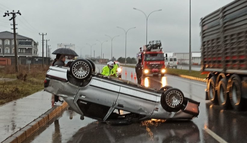 Otomobil takla atıp karşı yöne geçti