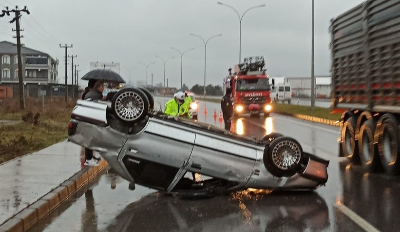 Otomobil takla atıp karşı yöne geçti