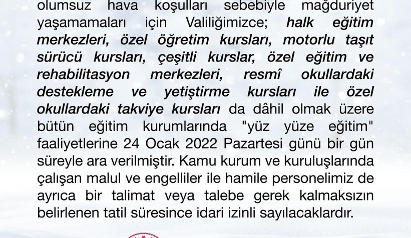 Sakarya'da Pazartesi tüm eğitim faaliyetlerine ara verildi