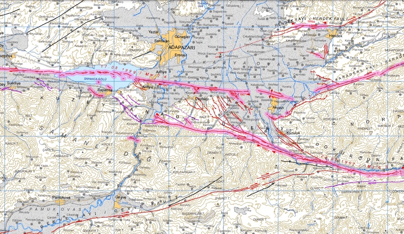 Sakarya'daki aktif faylar MTA haritasında