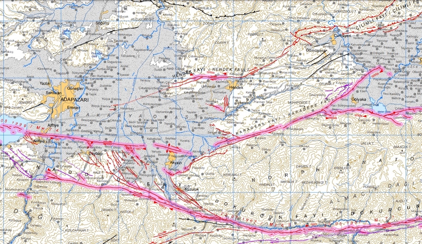 Sakarya'daki aktif faylar MTA haritasında