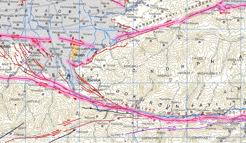 Sakarya'daki aktif faylar MTA haritasında