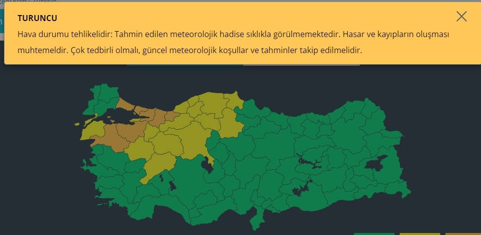 Sakarya için yağış uyarısının rengi turuncuya döndü