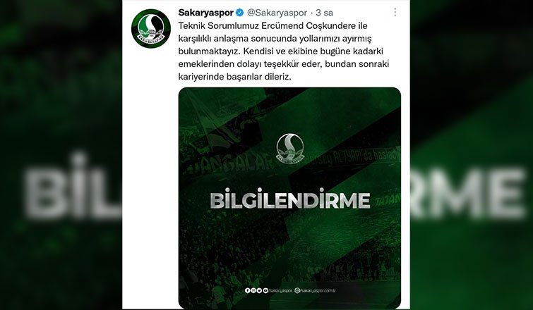 Sakaryaspor  Teknik Direktör Coşkundere ile yollarını ayırdı