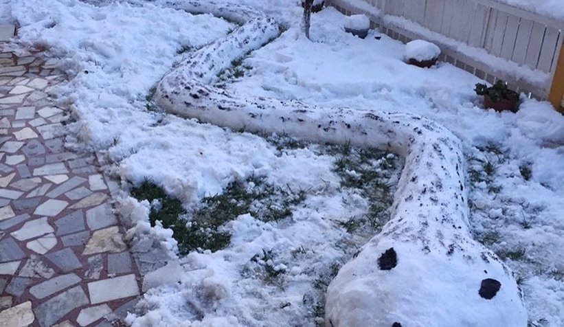 Sapancalı kadın evinin bahçesine kardan yılan yaptı