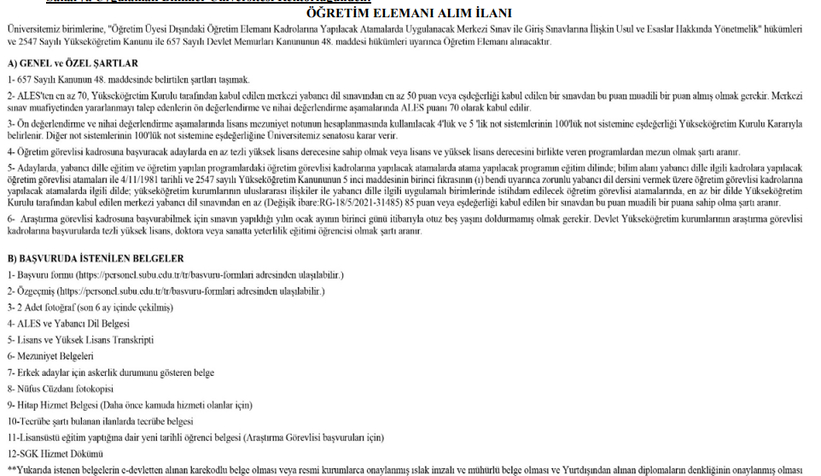 SUBÜ akademik personel alacak