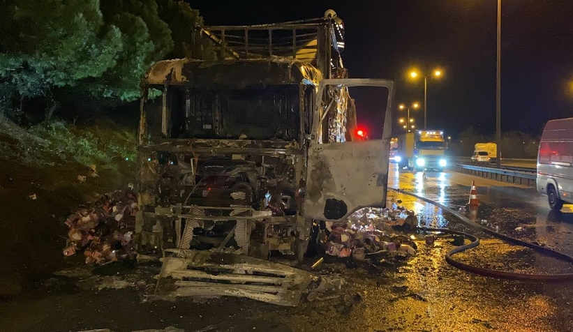 Tekstil malzemesi yüklü tır alev alev yandı