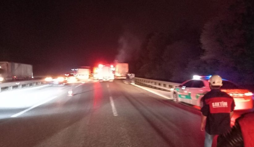 TEM'de bisküvi yüklü tır yandı