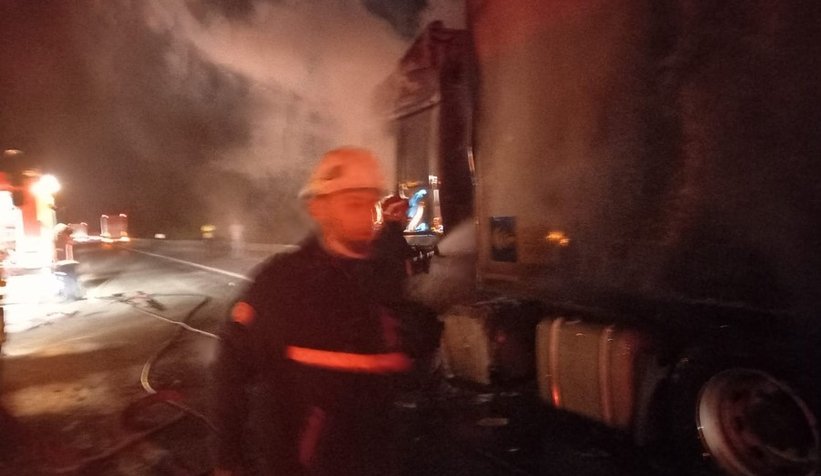 TEM'de bisküvi yüklü tır yandı