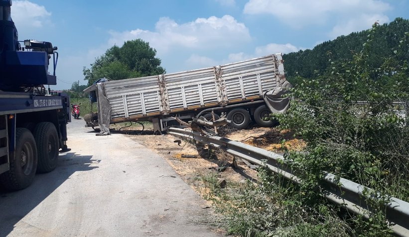 TEM'de mısır yüklü tır devrildi