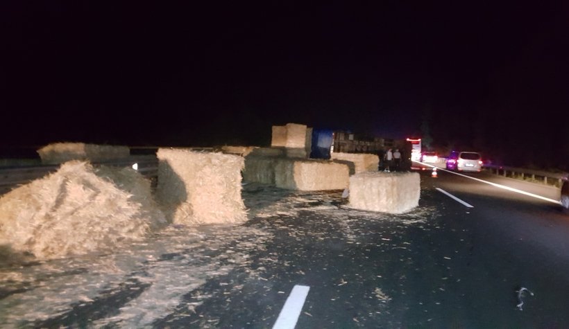 TIR devrildi, samanlar otoyola saçıldı